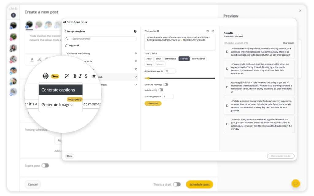 SocialBee AI post generator interface creating engaging captions and images automatically for social media platforms