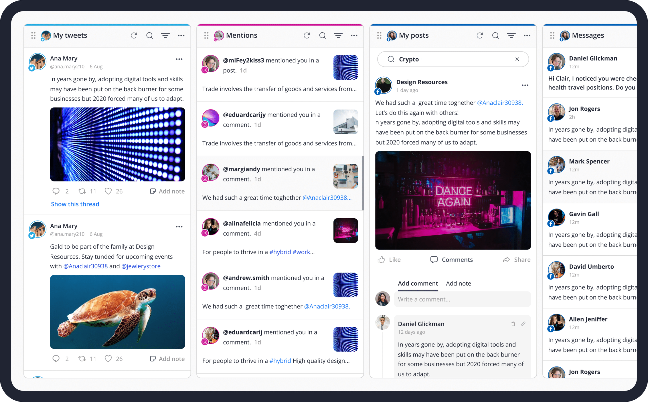Official SocialBee Engage Module screenshot from 2025 – centralized unified inbox displaying comments, mentions, and direct messages from multiple social platforms like Instagram, Facebook, and Twitter in one dashboard for efficient audience engagement and customer support.