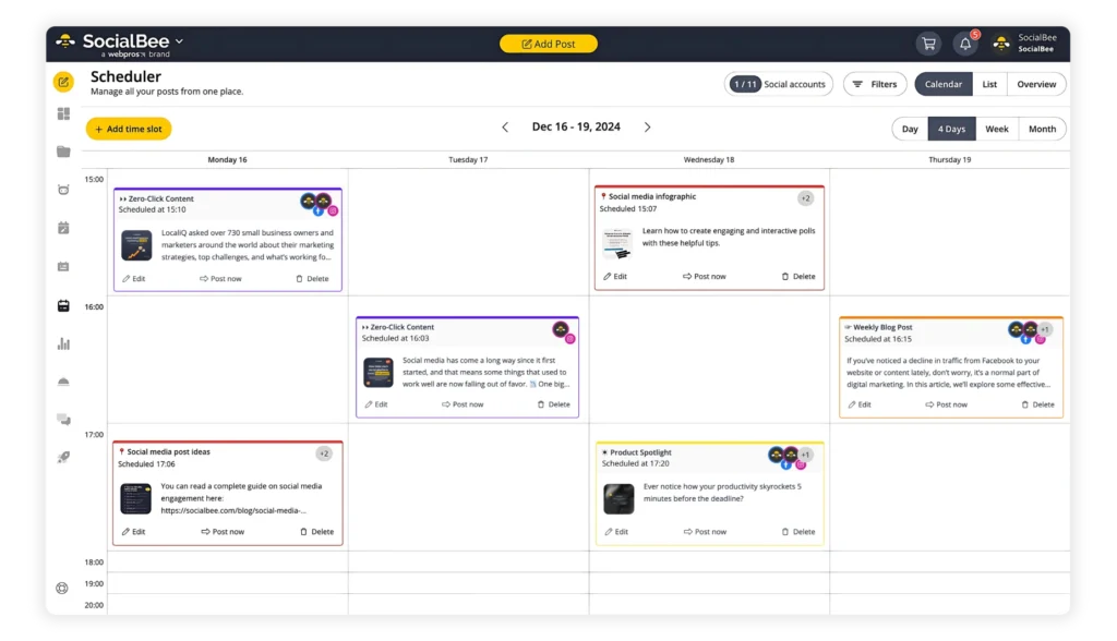 SocialBee dashboard showing intuitive content calendar and scheduling interface for planning social media posts across platforms